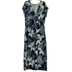 Lands' End Women's 1X Maxi Dress Navy Blue Green Palm Leaf Twist Front‎ Beach